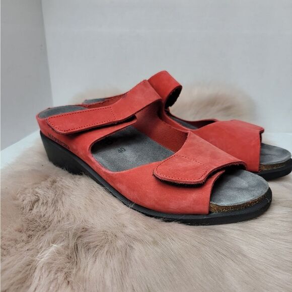 Mephisto Women’s Leather Sandal Shoes 2 Strap Hook And Loop Red Slide Size 9.5